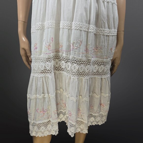 Y2k White Cotton Midi peasant dress Size XL Embroidered Crochet Lace Fairy Boho - Picture 7 of 13